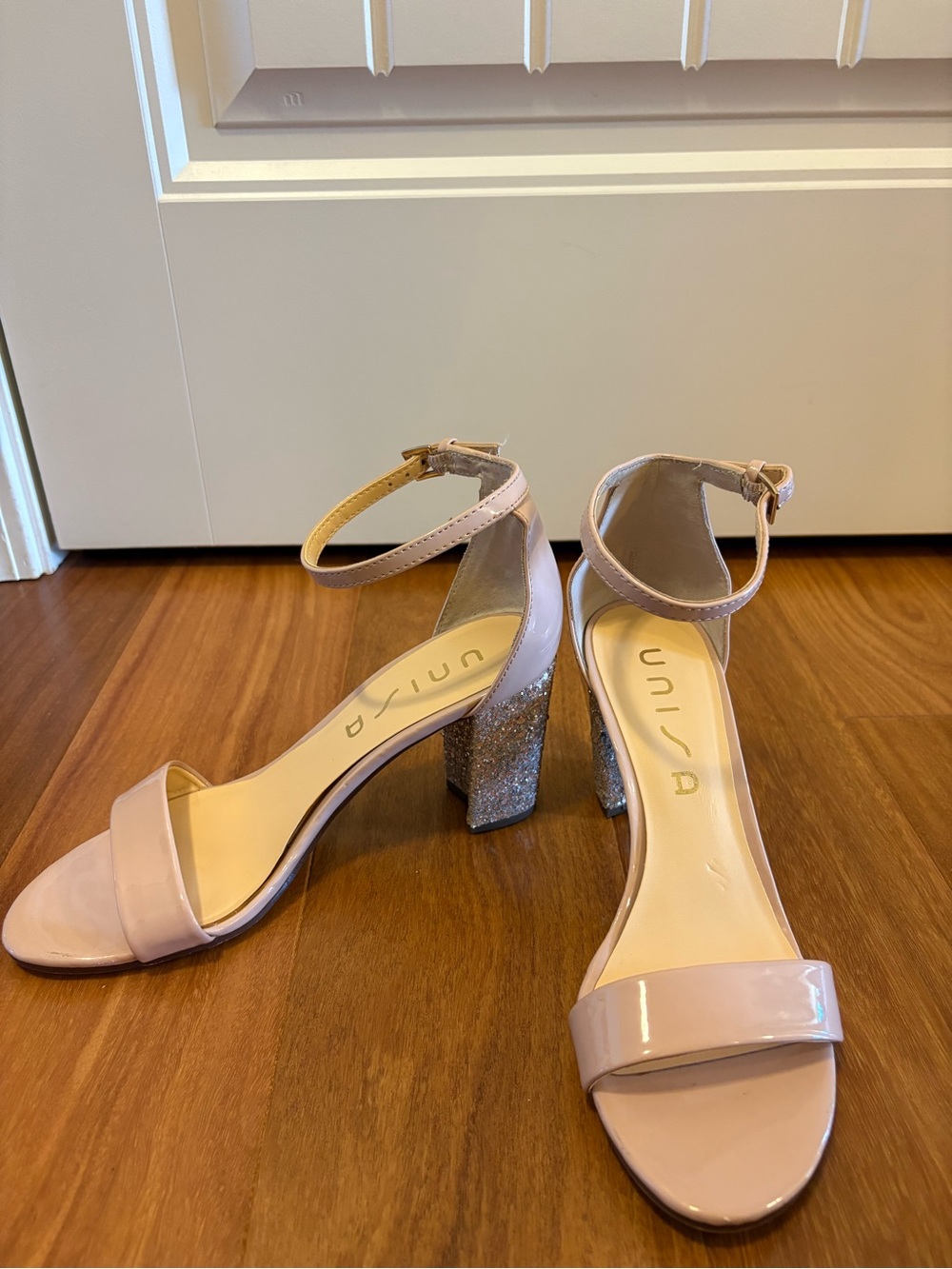 Unisa Blush Patent Ankle-Strap Block Heels with Glitter Heel